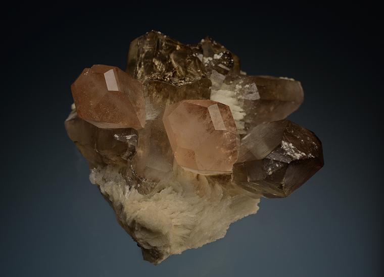 TOPAZ on QUARTZ var. Smoky with ALBITE (repaired)